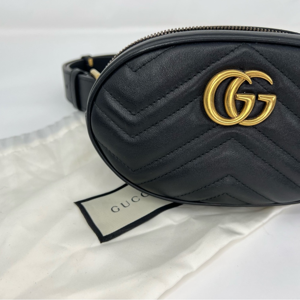 Gucci Black Quilted Leather GG Marmont Belt Bag with Gold Hardware